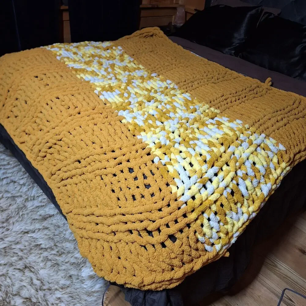 Handmade Chunky open knit handwoven chenille throw blanket mustard yellow 72x72